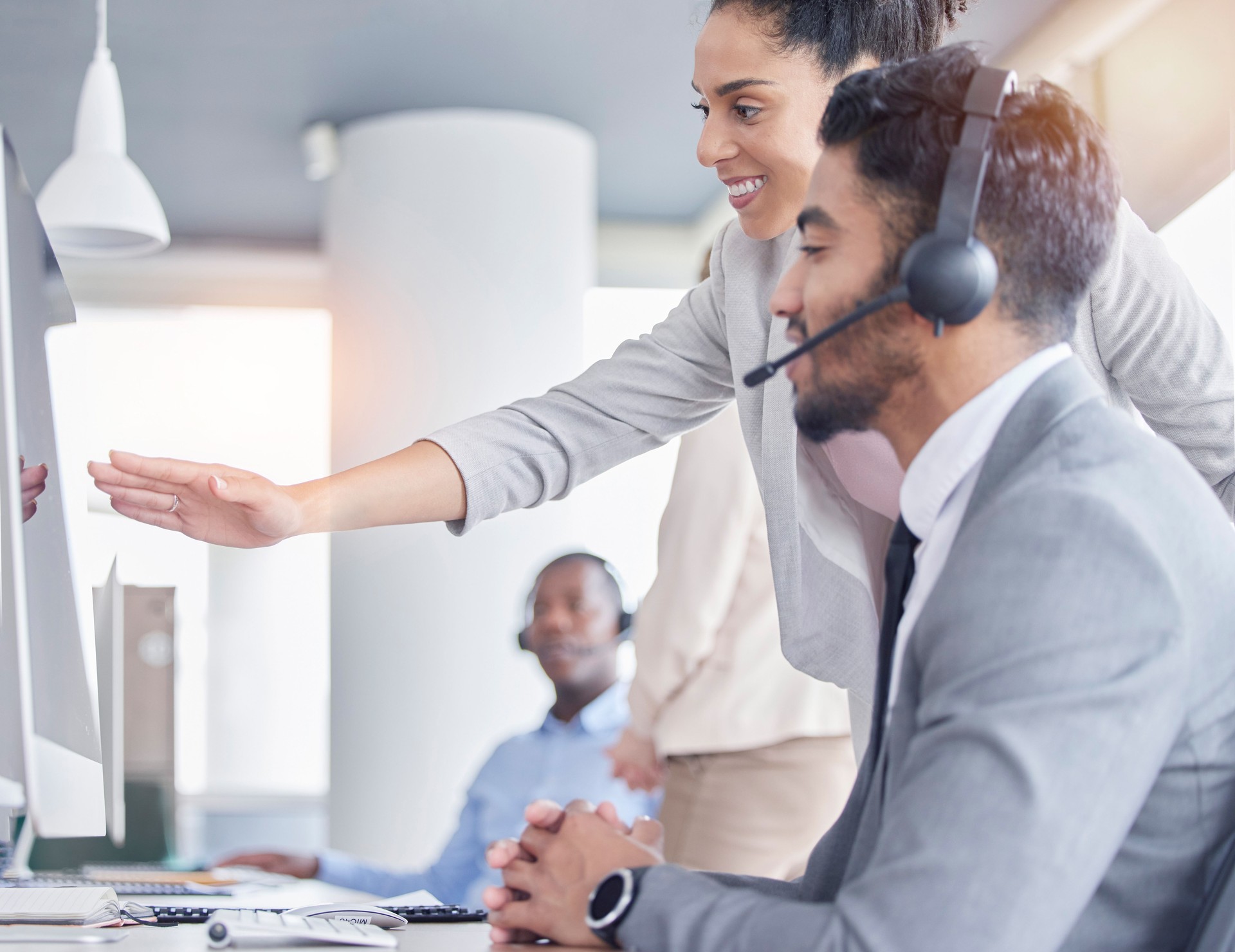 People, training and call center support, teamwork or communication, telemarketing and computer advice. Business consultant, agent or manager on desktop for help, collaboration and corporate planning